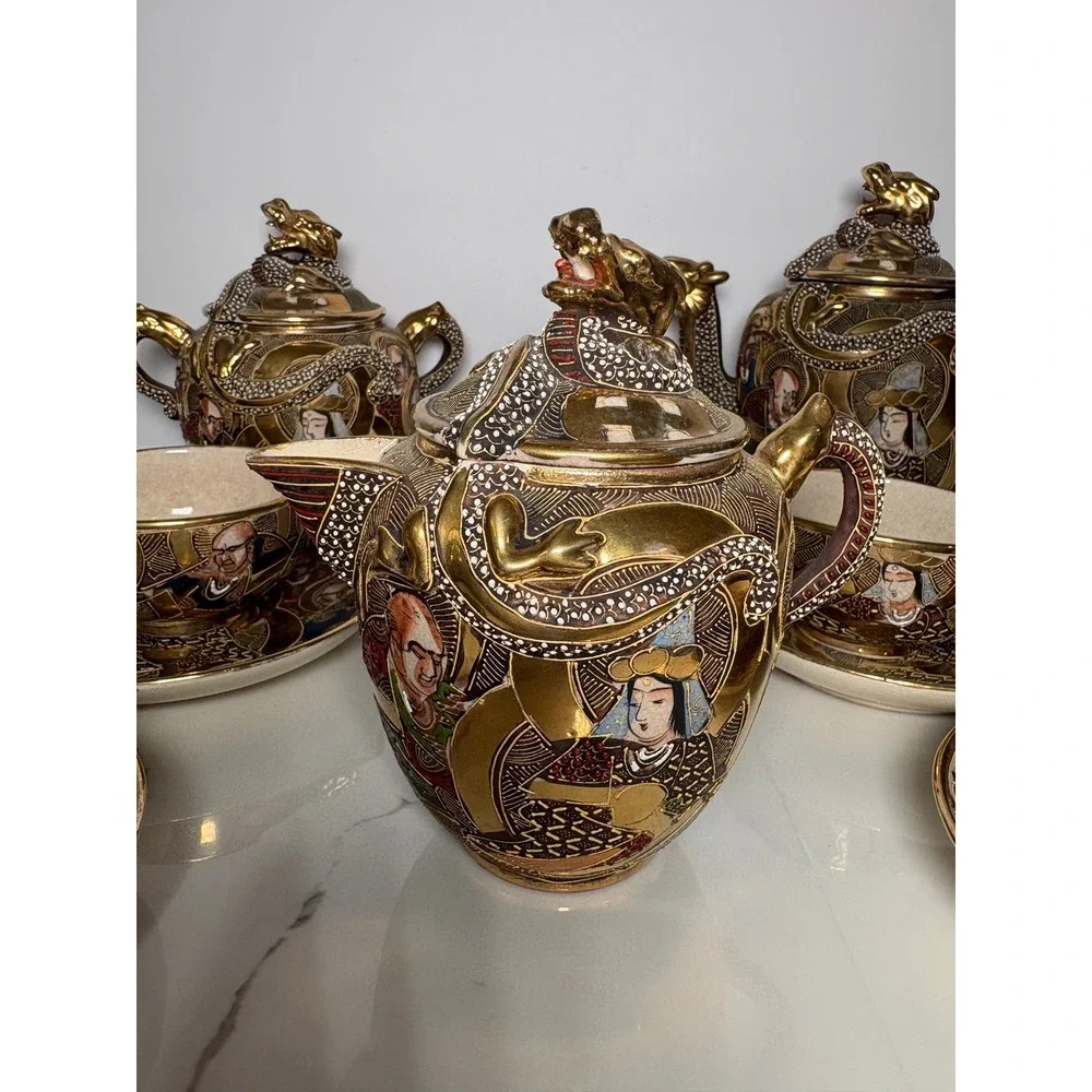 Vintage Japanese Satsuma Moriage‎ Dragon Tea Set Hand Painted Gold Gilt 11pc